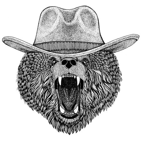 Brown bear Russian bear Wild animal wearing cowboy hat Wild west animal Cowboy animal T-shirt, poster, banner, badge designの写真素材