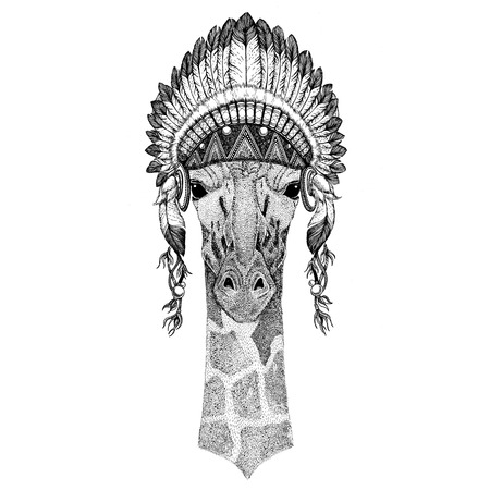 Camelopard, giraffe Wild animal wearing indian hat Headdress with feathers Boho ethnic image Tribal illustrationの写真素材