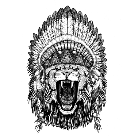 Lion wearing Wild animal wearing indian hat Headdress with feathers Boho ethnic image Tribal illustratonの写真素材