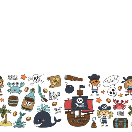 Pirate party pattern for kids drawing style illustration.のイラスト素材