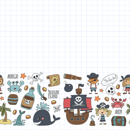 Pirate party pattern for kids drawing style illustration.のイラスト素材