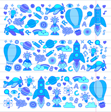 Vector set of doodle icons on following themes - creativity and inspiration, idea and imagination, innovation and discovery, think outside the boxのイラスト素材