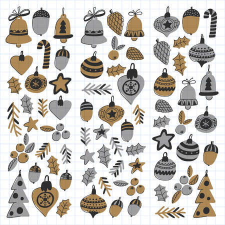 Gold Christmas pattern with christmas bells, snowflakes, candy Holly jolly Merry Christmas and Happy New Year Isolated on checked notepad paperのイラスト素材