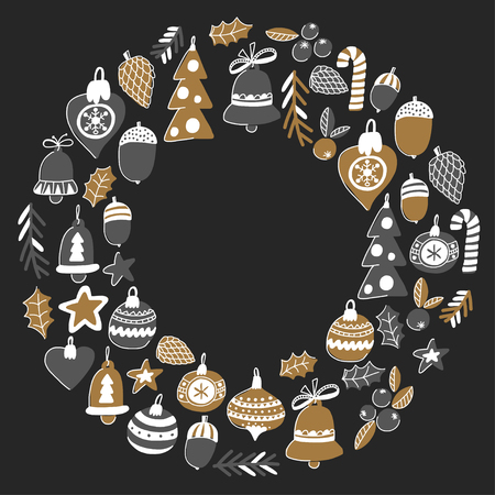 Gold Christmas patterns with christmas bells, snowflakes, candy Holly jolly Merry Christmas and Happy New Year Isolated on blackboard Chalk drawingのイラスト素材