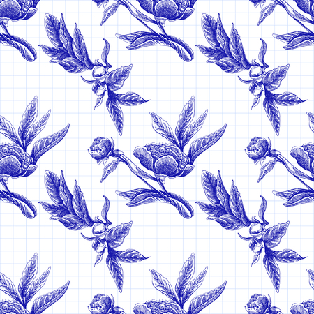 Seamless vector flower peony rose pattern with sketch flowers and leafs. Hand drawn imageのイラスト素材