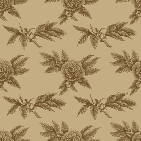 Seamless vector flower peony rose pattern with sketch flowers and leafs. Hand drawn imageのイラスト素材