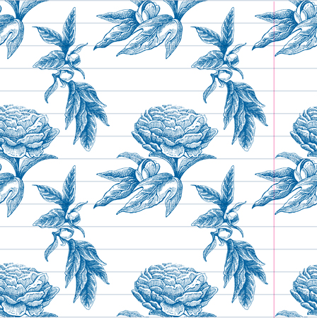 Seamless vector flower peony rose pattern with sketch flowers and leafs. Hand drawn imageのイラスト素材