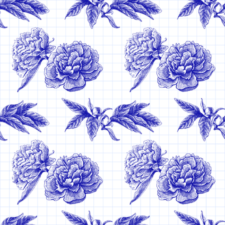 Seamless vector flower peony rose pattern with sketch flowers and leafs. Hand drawn imageの写真素材