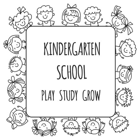 School, kindergarten. Happy children. Creativity, imagination doodle icons with kids.のイラスト素材