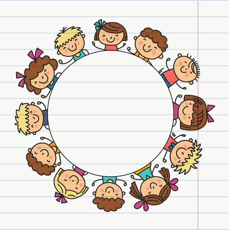 Frame with kids School, kindergarten. Happy children. Creativity, imagination doodle icons with kids. Play, study, grow Happy students Science and research Adventure Exploreのイラスト素材