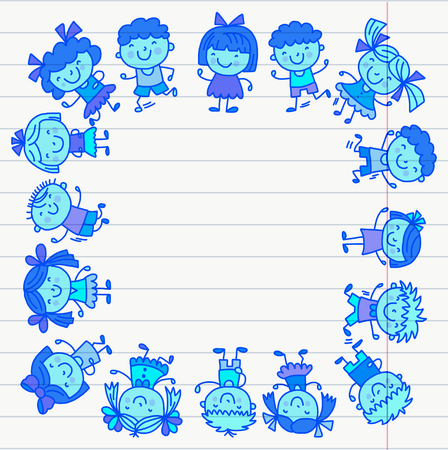 Frame with kids School, kindergarten. Happy children. Creativity, imagination doodle icons with kids. Play, study, grow Happy students Science and research Adventure Exploreのイラスト素材