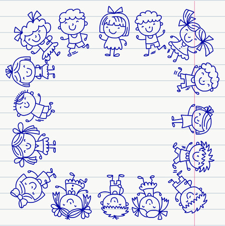 Frame with kids School, kindergarten. Happy children. Creativity, imagination doodle icons with kids. Play, study, grow Happy students Science and research Adventure Exploreのイラスト素材