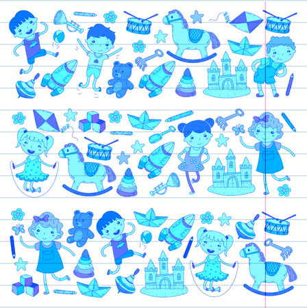 Kindergarten Nursery Preschool School education with children Doodle pattern Kids play and study Boys and girls kids drawing icons Space, adventure, exploration, imagination conceptのイラスト素材