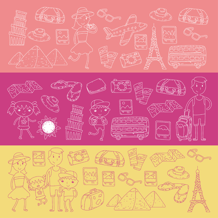 Doodle vector set Travel , vacation, adventure. Children with parents Preparing for your journeys. Kindergarten, school summer vacation Kids drawingのイラスト素材