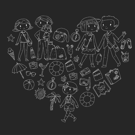 Family with children travel Mother, father, sister, brother. Boys and girls.  preschool children. School kids. Adventure, exploration and family vacation or holidaysのイラスト素材