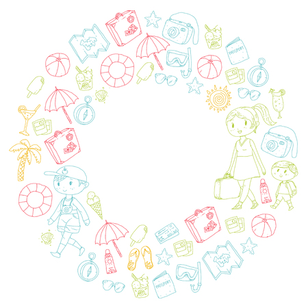 Family with children travel Mother, father, sister, brother. Boys and girls.  preschool children. School kids. Adventure, exploration and family vacation or holidaysのイラスト素材