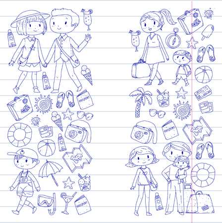 Family with children travel Mother, father, sister, brother. Boys and girls.  preschool children. School kids. Adventure, exploration and family vacation or holidaysのイラスト素材