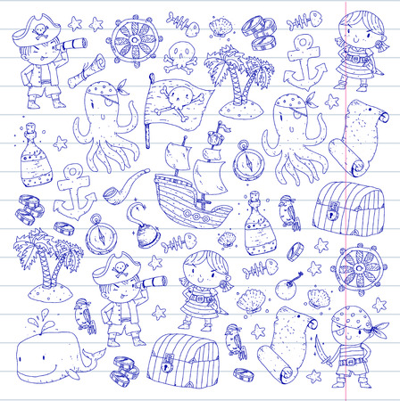 Pirate adventures Pirate party Kindergarten pirate party for children Adventure, treasure, pirates, octopus, whale, ship Kids drawing patternのイラスト素材
