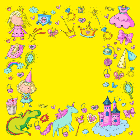Big Bundle cute collection of beautiful princesses as border design.のイラスト素材