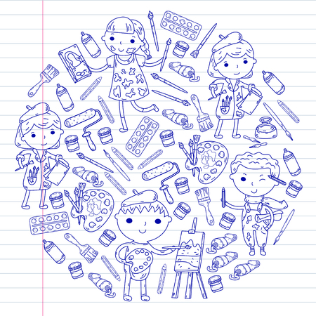 Children creativity Kindergarten, school art Boys and girls drawing and painting pictures Children art and design schoolの写真素材