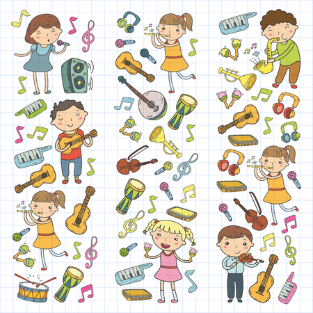 Music school for kids Vector illustration Children singing songs, playing musical instruments  Doodle icon collection Illustration for children music lessonのイラスト素材