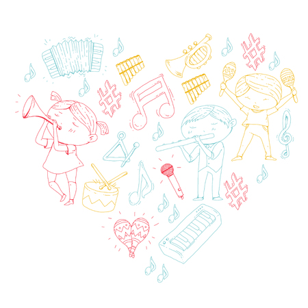 School of music Musical theatre children with music instruments Boys and girls playing drum, flute, accordion, trumpet, piano Music perfomance and school age kids Children orchestraのイラスト素材