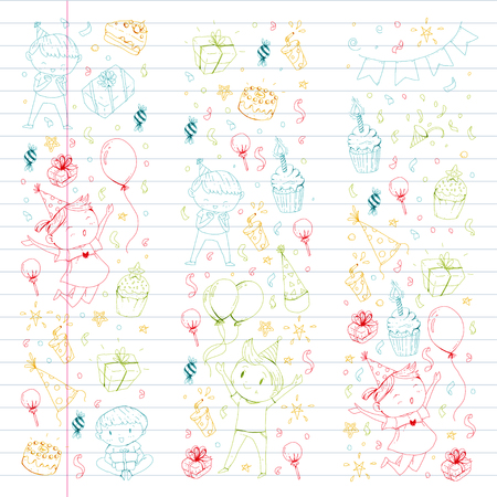 Birthday party children Kids drawing Party invitation with boys and girls, sweets and balloonsのイラスト素材