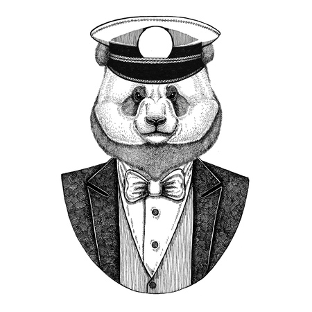 Panda bear, bamboo bear Animal wearing jacket with bow-tie and capitans peaked cap Elegant sailor, navy, capitan, pirate. Image for tattoo, t-shirt, emblem, badge, logo, patchesの写真素材