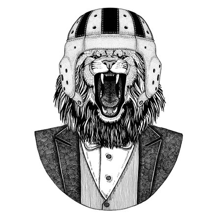 Lion Elegant rugby player. Old school vintage rugby helmet. American football. Vintage style...