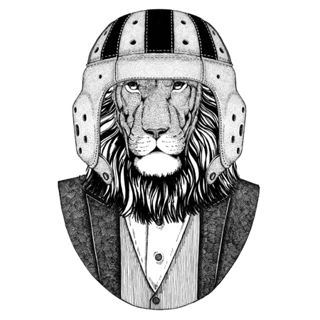 Lion, wild cat Elegant rugby player. Old school vintage rugby helmet. American football. Vintage style illustration for tattoo, emblem, badge, logo, patch, t-shirtの写真素材