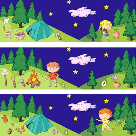 Children camping. Summer camp. Scouts, adventure, hiking, exploration. School and kindergarten kids. Children drawing Kids drawing illustration styleのイラスト素材