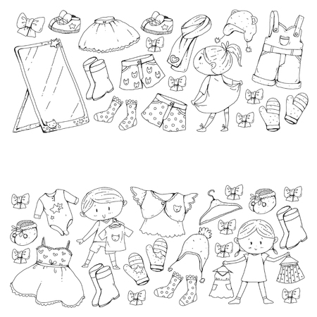 Children clothing Kindergarten boys and girls with clothes New clothing collection Dresses, trousers, shoes, hats, caps, gloves, scarf. Princess dressのイラスト素材