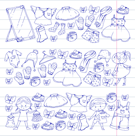 Children clothing Kindergarten boys and girls with clothes New clothing collection Dresses, trousers, shoes, hats, caps, gloves, scarf. Princess dressのイラスト素材