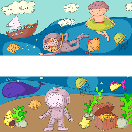 Sea and ocean adventure Kindergarten, preschool, school children. Kids aquapark. Underwater. Mermaid, octopus, fishes, whale, shells, jelly fish. Lost treasures. Scuba. Pirate ship. Diving, snorkelingのイラスト素材