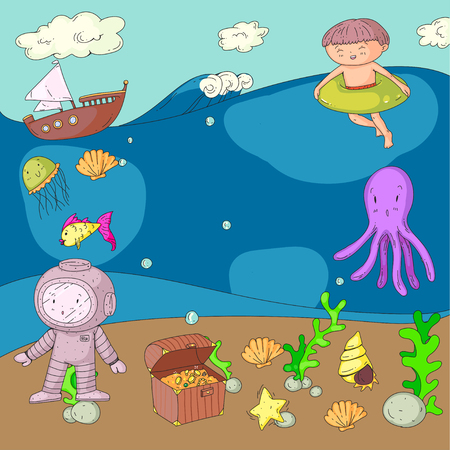 Sea and ocean adventure Kindergarten, preschool, school children. Kids aquapark. Underwater. Mermaid, octopus, fishes, whale, shells, jelly fish. Lost treasures. Scuba. Pirate ship. Diving, snorkelingのイラスト素材