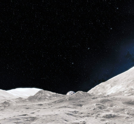 Moon surface. Realistic 3d render of moon and space. Space and planet. Satellite. Nebula. Stars.