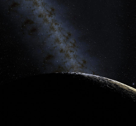 Moon surface. Realistic 3d render of moon and space. Space and planet. Satellite. Nebula. Stars.  .
