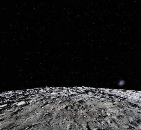 Moon surface. Realistic 3d render of moon and space. Space and planet. Satellite. Nebula. Stars.