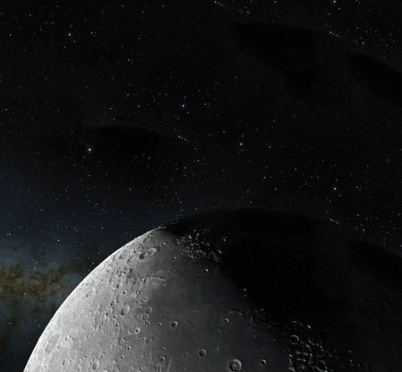 Moon surface. Realistic 3d render of moon and space. Space and planet. Satellite. Nebula. Stars.