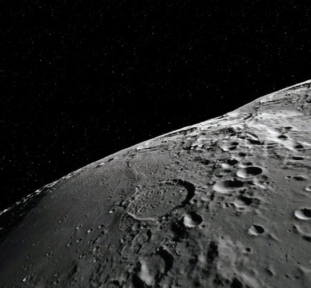 Moon surface. Realistic 3d render of moon and space. Space and planet. Satellite. Nebula. Stars.の写真素材