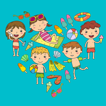 Little children play Summer camp, vacation Kindergarten and preschool kids Play, learn, grow together Sand castle, sunglasses, icecream, sun, ball Boys and girls vector patternのイラスト素材