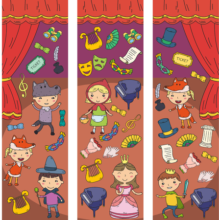 Childrens performance in the puppet theater at the theater with price, curtain and scenery.のイラスト素材