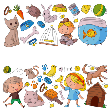 Pet shop, zoo, veterinary. Kindergarten small children. Kids plays with animals. Vector pattern woth cat, hamster, dog, bunny rabbitのイラスト素材