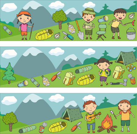 Vector illustration of kindergarten kids going camping conceptのイラスト素材