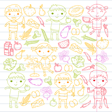 A Kindergarten Nursery Preschool School kids eat healthy food Boys and girls with fruits and vegetablesのイラスト素材