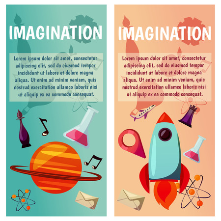 Vector banners. Imagination and exploration. Science and research. Rocket launch. Discovery new world, start new businessのイラスト素材