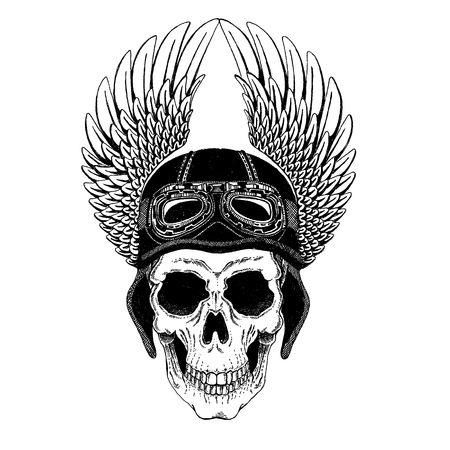Skull wearing biker helmet. Ride until death. Wild and free. Motorcycle logo, badge, patch. Zombie, ghost rider. Dead bikerの写真素材