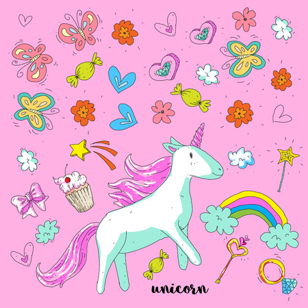 Cute fantasy unicorn. Vector illustration with rainbow, princess elements, flowers, hearts, diamonds. For kids pattern, children room, stickers, embroidery.のイラスト素材