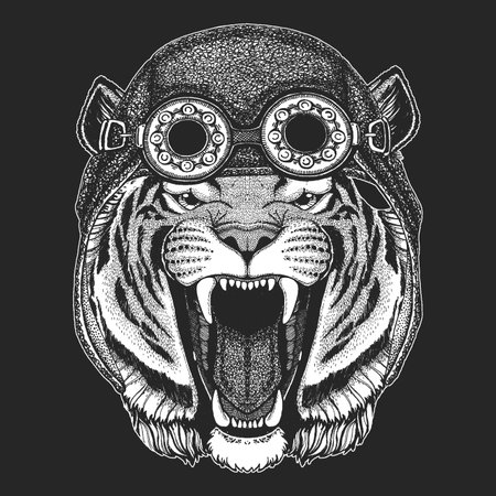 Wild tiger Hand drawn image for tattoo, emblem, badge, logo, patch, t-shirt Cool animal wearing aviator, motorcycle, biker helmet.のイラスト素材