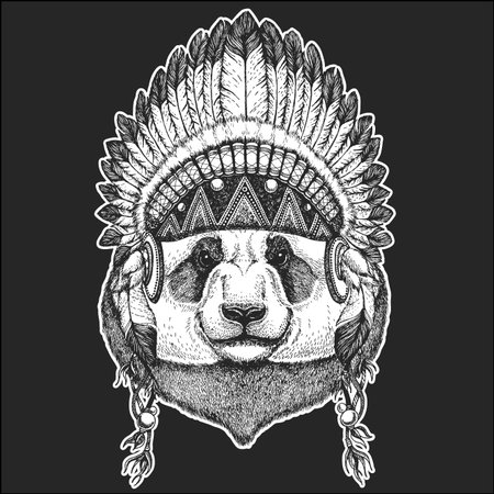 Panda bear Bamboo bear Cool animal wearing native american Indian headdress with feathers Boho chic style Hand drawn image for tattoo, emblem, badge, icon, patch.のイラスト素材
